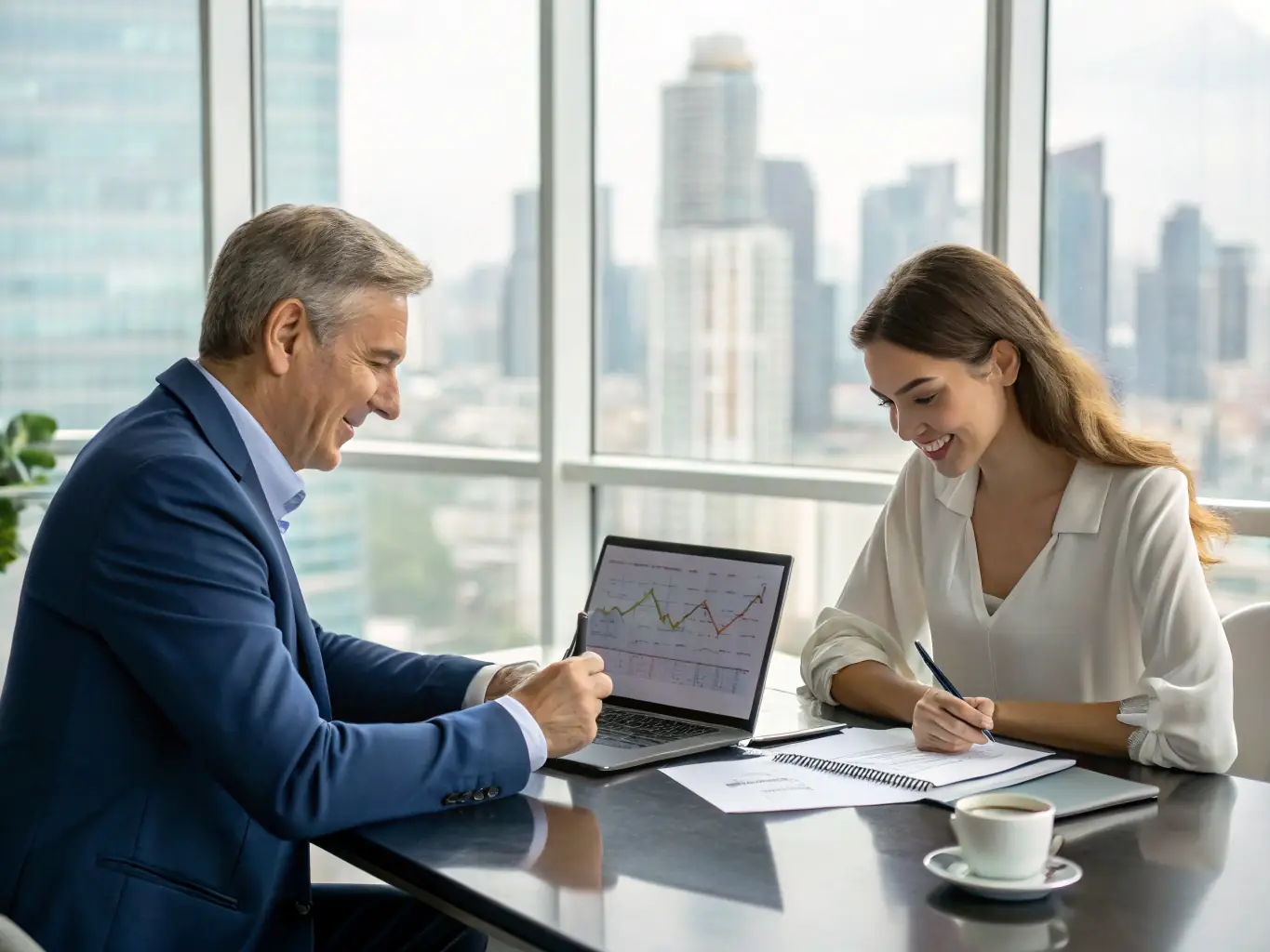 An image of a financial advisor discussing a financial plan with a client using digital tools and charts.