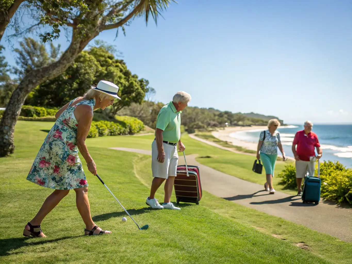 A diverse group of people happily retired and enjoying various activities such as gardening, traveling, and spending time with family, representing the benefits of retirement planning.