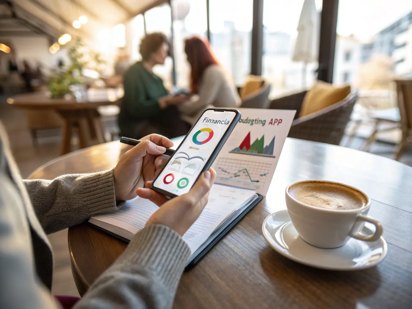 A person using a budgeting app on their tablet while sitting at a table with a cup of coffee, illustrating the ease of use and accessibility of Acu's budgeting tools.