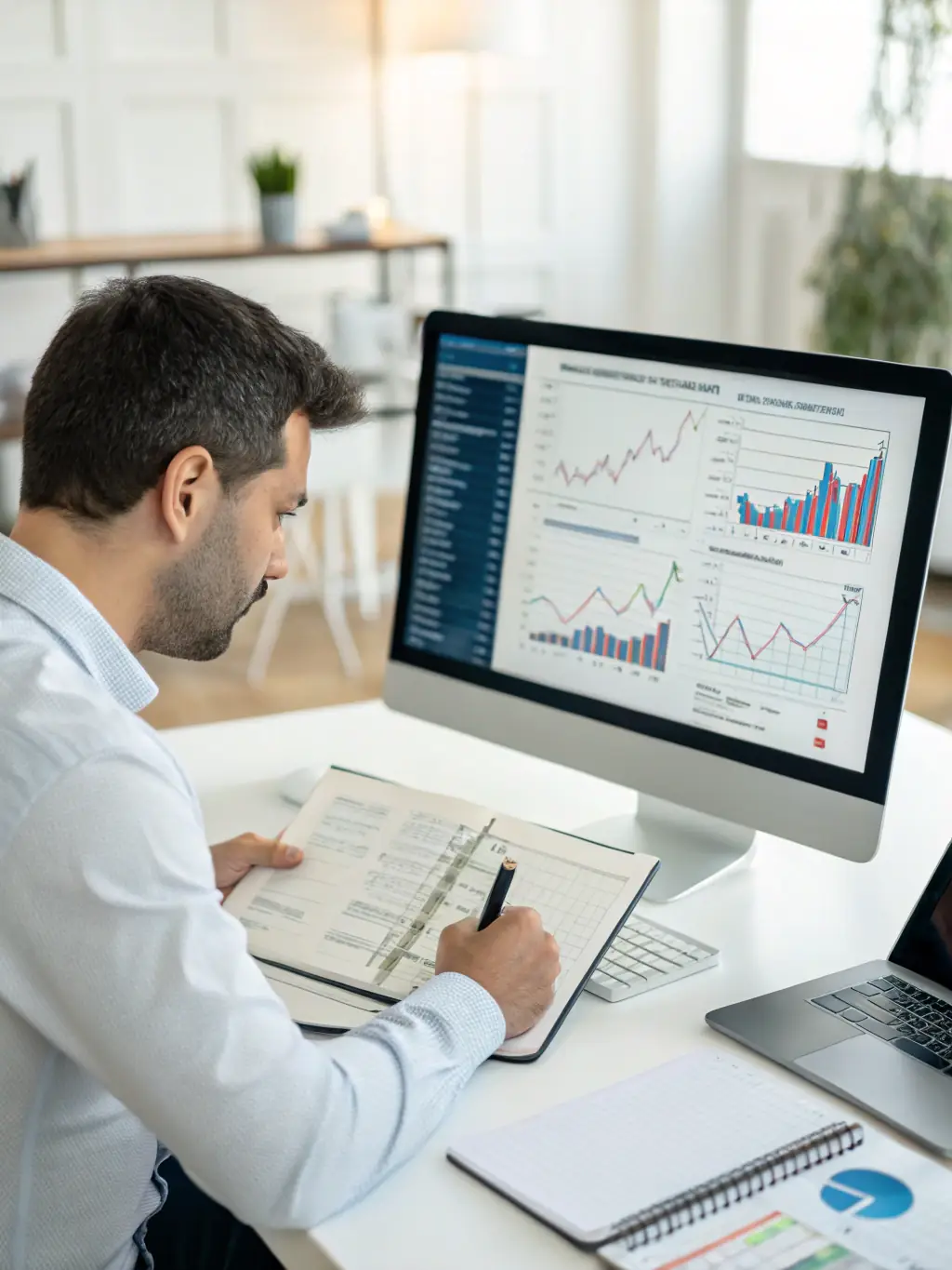 A professional financial advisor analyzing market data on a computer screen, with charts and graphs visible in the background, representing Acu's data-driven investment approach.